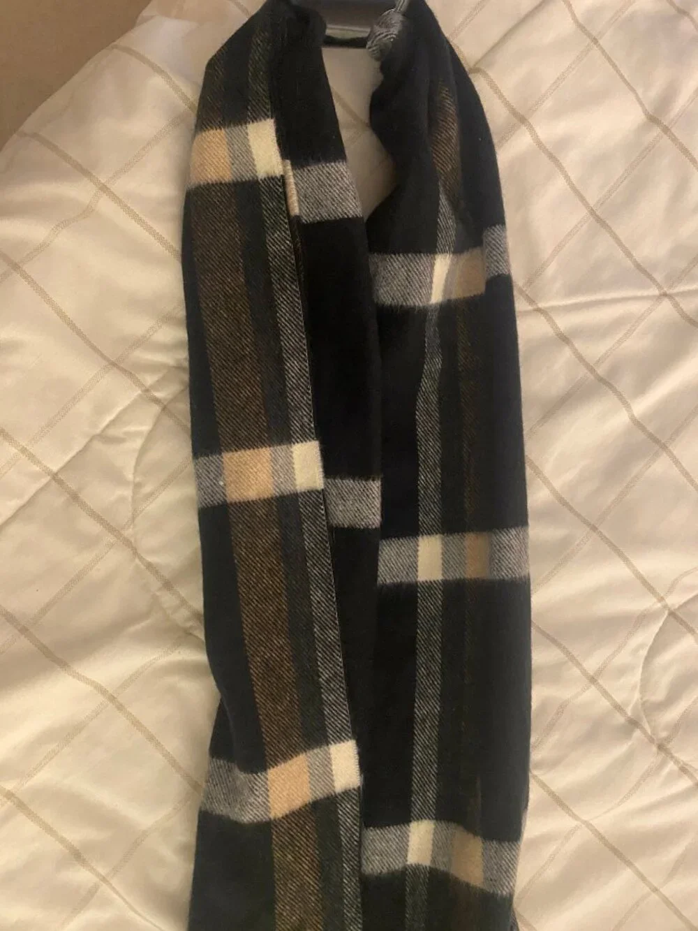 Made in Scotland 100% Cashmere Plaid Scarf 69” x 12” camel, cream, grey, blk